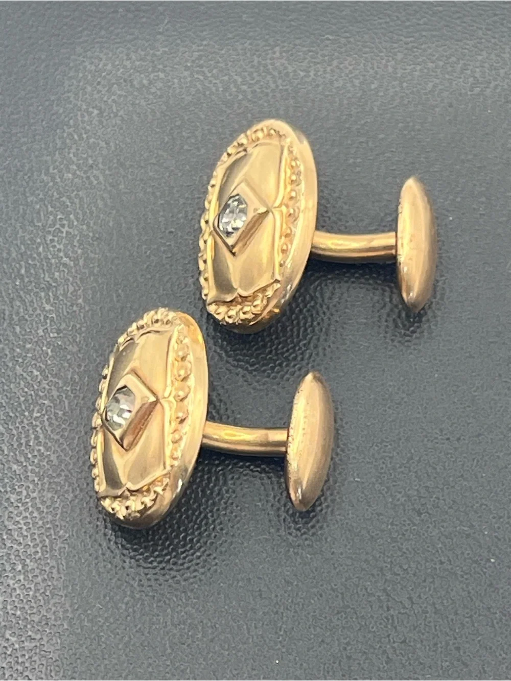 Victorian gold tone embossed design clear rhinestone vintage cufflinks